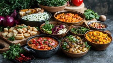 Obraz premium Delicious Assortment of Vegan Dishes with Fresh Vegetables and Herbs