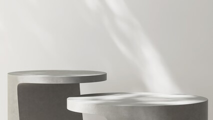 Two gray geometric shape concrete cement table in dappled sunlight on white wall for beauty, cosmetic, skincare product podium background 3D