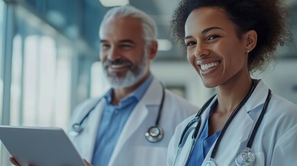 Fototapeta premium Two doctors are smiling and holding a tablet