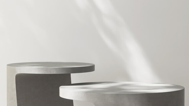 Fototapeta Two gray geometric shape concrete cement table in dappled sunlight on white wall for beauty, cosmetic, skincare product podium background 3D