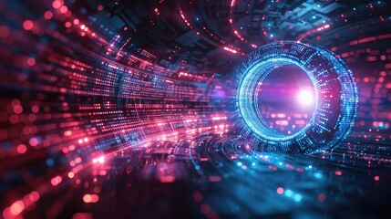 Fototapeta premium Futuristic Digital Tunnel with Neon Lights and Glowing Circular Structure in a Cybernetic Environment