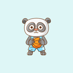 Cute panda basketball player play basket kawaii chibi character mascot illustration outline style design