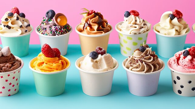 Assorted frozen yogurt cups with various toppings and flavors, arranged appealingly against a bright background