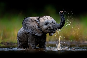 Obraz premium A_baby_elephant_playfully_spraying_wat
