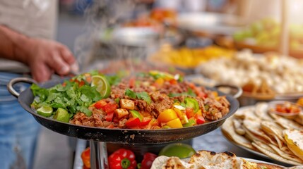 Obraz premium A bustling street food fair with various traditional Mexican dishes on display