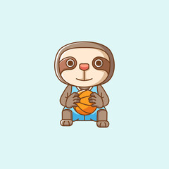 Cute sloth basketball player play basket kawaii chibi character mascot illustration outline style design