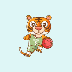 Cute tiger dribble basketball player play basket kawaii chibi character mascot illustration outline style design