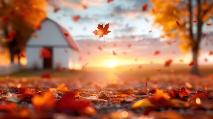 A cider mill with vibrant autumn trees and falling leaves