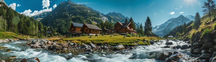 Rapid mountain river flowing through a valley, wooden cabins in the background, bright blue sky, wideangle shot