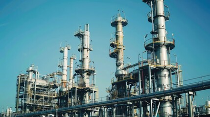 Obraz premium Oil refinery plant against blue sky. Petroleum crude oil industry factory. Industrial scenery of gas energy production