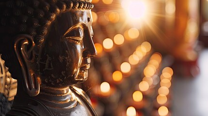 Obraz premium Buddha statue with light emanating from behind, captured in a close-up, highlighting its serene and spiritual presence