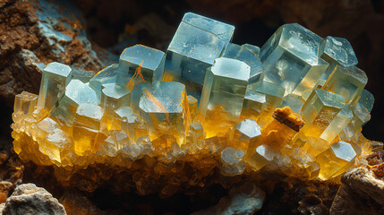 Close-up of a cluster of blue and yellow crystal formations emerging from a rocky base, showcasing their intricate geometry and natural beauty.