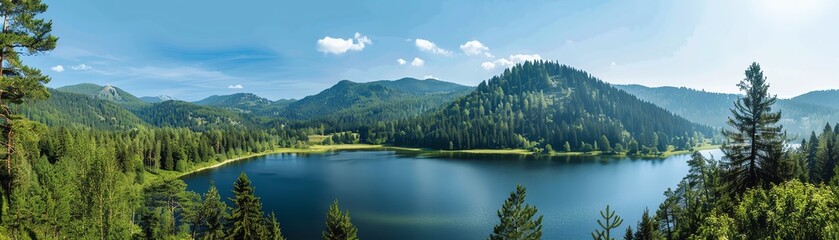 Fototapeta premium Scenic mountain lake surrounded by pine forests, midday, panoramic view, clear sky