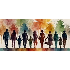 Naklejka premium A watercolor banner depicting silhouettes of people of different ages. The concept of celebrating the day of family, care and mutual understanding of different generations.