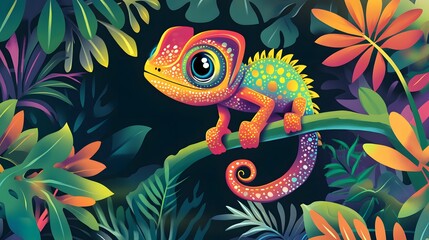 Fototapeta premium Colorful Chameleon in Tropical Rainforest.