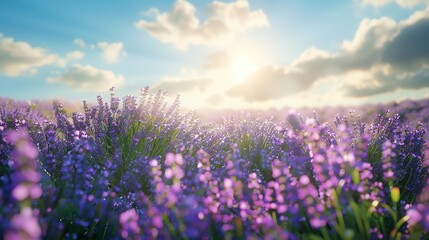 Fototapeta premium Vast lavender field in full bloom, vibrant purple flowers, lowangle shot, bright sunlight, serene countryside