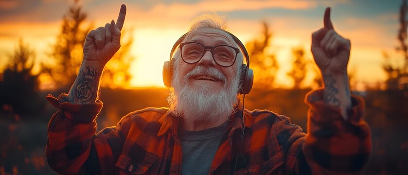 Happy Senior Man Enjoying Music at Sunset.
