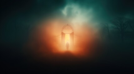 A creepy carnival with a spooky maze, eerie sounds, and ghostly figures appearing in the mist