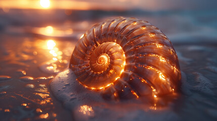 Glowing seashell on a beach at sunset, reflecting warm sunlight and surrounded by glistening water and soft sand.