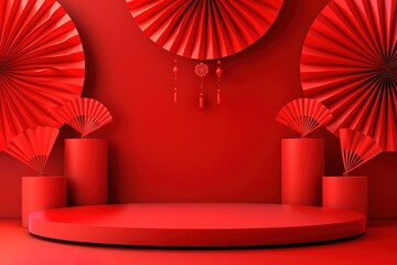 Festive Red Stage with Paper Fans and Tassels for Chinese New Year