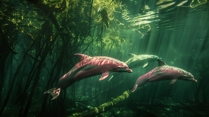 Mystical river dolphins gliding through the murky waters of the Amazon, their pink skin glistening under the filtered sunlight