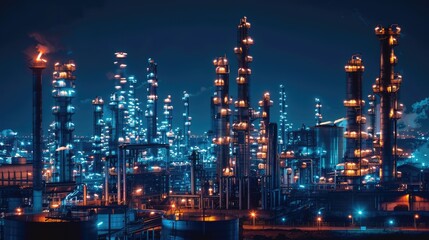 Fototapeta premium Oil refinery plant at night. Illuminated petroleum oil industry factory. Industrial scenery of gas energy production