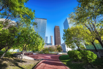 Pathway Leading Through Urban Park with Skyscrapers