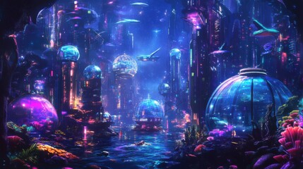 A futuristic underwater city with towering glass domes, bioluminescent plants, and diverse sea creatures interacting with human-like robots, in a vibrant sci-fi cartoon style, on a black background 