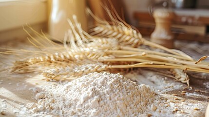 Close-up of flour with wheat stalks in a sunny kitchen, creating a warm and homely baking scene