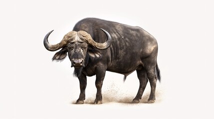 Obraz premium The Untamed Majesty: A solitary Cape Buffalo, horns wide and gaze unwavering, embodies the raw power and rugged beauty of the African wilderness. 