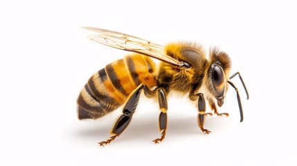 Honeybee Close-Up: A detailed macro shot of a honeybee, showcasing its intricate patterns and delicate features against a pure white background. 