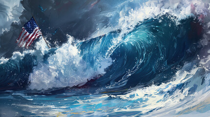 Fototapeta premium Powerful and exaggerated depiction of a huge ocean wave, with the American flag incorporated into the wave's swell, rendered in a highly realistic and dramatic fashion