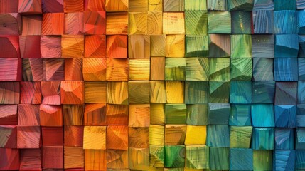 Vibrant 3D Rainbow Wooden Cube Wall Texture