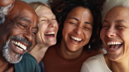Fototapeta premium Multicultural group laughing together in close-up, illustrating universal joy and connection among diverse individuals.