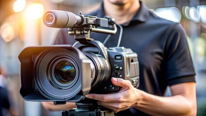 Man Holding Camera. Videographer capturing footage with a professional camera, representing modern filmmaking, digital videography, and the art of cinematic production in media.