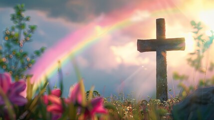 Fototapeta premium Detailed shot of a cross with a bright rainbow in the background, capturing a moment of beauty and serenity