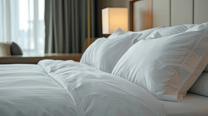 Detailed shot of a luxurious hotel bed with pristine white sheets and soft pillows, emphasizing relaxation and elegance
