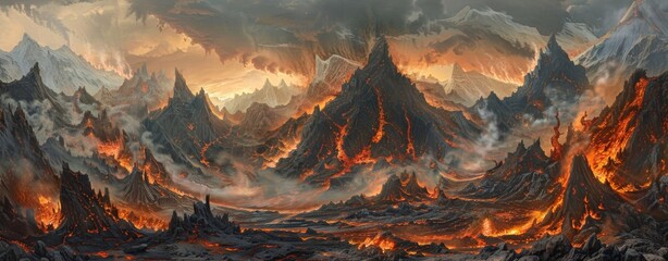 A fiery landscape with lava flowing down volcanic mountains.