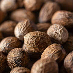 Close-Up of Nutmeg Seeds Showcasing Intricate Textures and Earthy Tones