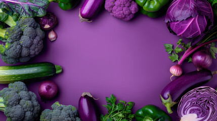 A purple background with a variety of vegetables including broccoli, cauliflower, and apples. The vegetables are arranged in a circle, with some overlapping and others standing alone - Powered by Adobe