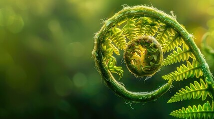 Detailed view of a fern frond unfurling, capturing the beauty of its delicate patterns and natural growth