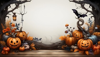 ハロウィンの飾りと霧の中の森
