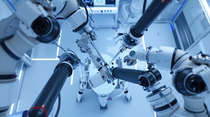 Fototapeta premium An overhead view of a robotic surgical suite, highlighting the precision and coordination of the robotic arms working in harmony.