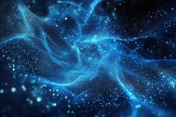 Abstract Blue and Black Digital Network with Glowing Particles