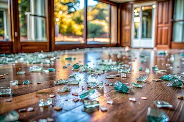 broken shattered glass fragments scattered on house floor closeup