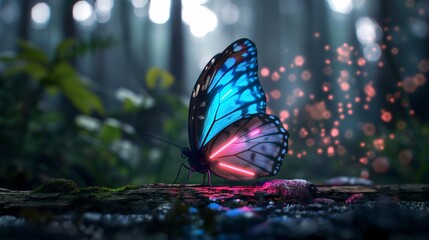 Mystical Butterfly in the Forest: A luminous blue butterfly with glowing wings rests on a mossy log in a serene forest setting, surrounded by a magical aura of pink and blue particles.