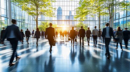 Blurred background of people walking in a modern office building, conveying a sense of dynamic, fast-paced work environment and professional interaction.