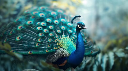 Obraz premium Peacock Majesty: A vibrant peacock with a majestic, iridescent tail feathers, showcasing the intricate details of its plumage against a soft, blurred background. 