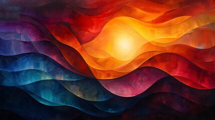 Abstract Oil Painting of Wavy Lines with Bright Sun