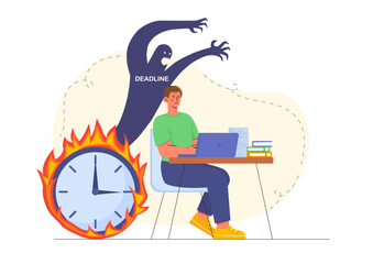 Man with deadline. Young guy with laptop sits near burning clock. Poor time management and inefficient work process organization. Worker with countdown pressure. Flat vector illustration
